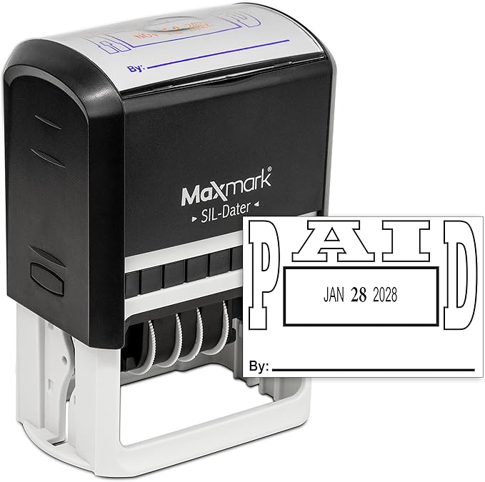 MaxMark Large Self-Inking Rubber Date Office Stamp with Paid Phrase & Date - Black Ink, 12-Year Band - Style 5