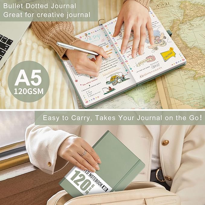 AHGXG Bullet Dotted Journal - Dot Grid Notebook Journal, 120 GSM Thick Acid-Free Paper, A5 Dotted Notebook 160 Pages, Leather Hardcover, Inner Pocket, Journal Stencil, 5.7'' × 8.3'' - Sage Green