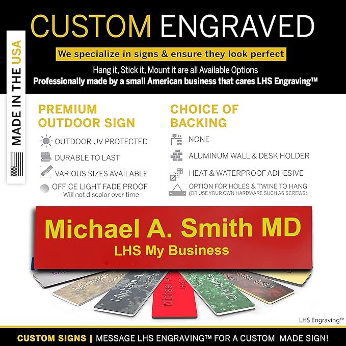 Door Name Plate Personalized for Office Red Plastic Name Plate with Yellow Letters - Made in USA 2x10 B22