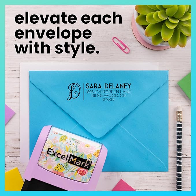 ExcelMark Address Stamp - Custom Return Address Stamp with Elegant Designs, Vibrant Colors & Patterns – Perfect for Mail, Invitations & Gifts (Black Mount, Script Swirl)