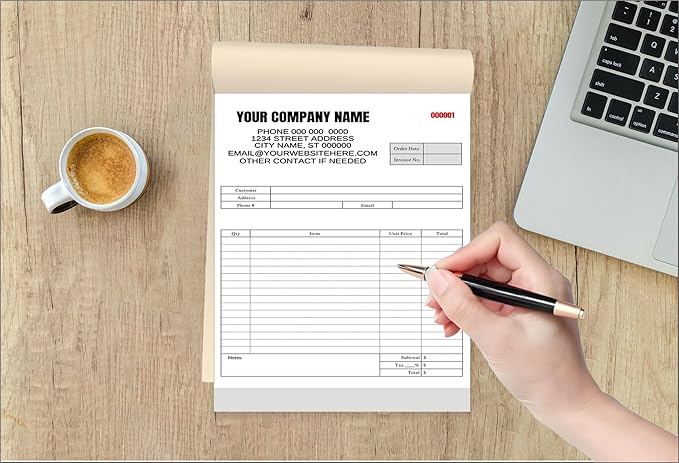 Custom Carbonless Invoice Book with Logo, Personalized Cover & Inner Pages, 2 Part NCR Receipt & Work Order Forms, Easy Tear, Writing Shield for Small Business (2-part [White/Yellow], 10.24*7.48INCH)