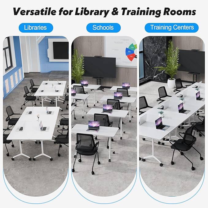 Goakwwuz Conference Room Table, Folding Conference Tables,Thicken Grey Tabletop,Flip Top Wooden Seminar Meeting Room Table for Conference Room Offices (8, White, 70.8”)