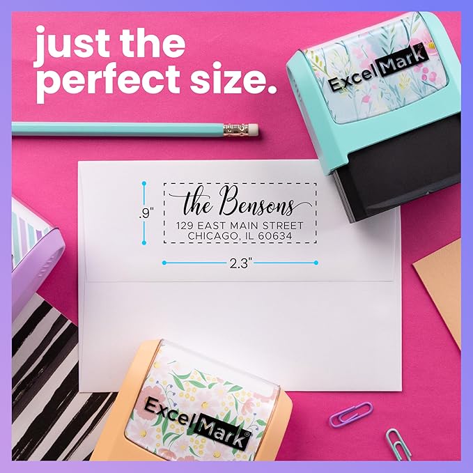 ExcelMark Address Stamp - Custom Return Address Stamp with Elegant Designs, Vibrant Colors & Patterns – Perfect for Mail, Invitations & Gifts (Violet Mount, Signature Script)