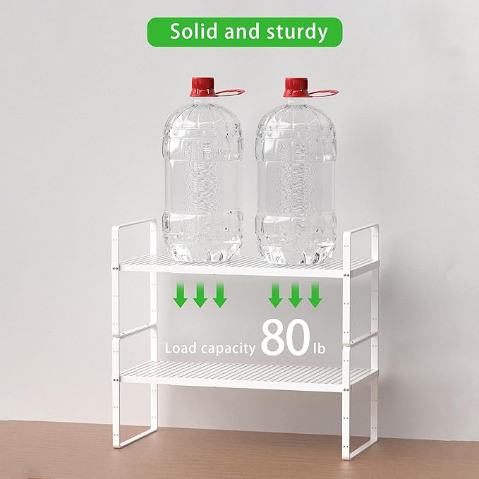 SOFRON Expandable Cabinet Storage Shelf Stackable Organizer Rack for Kitchen Bathroom Pantry Spice Cupboard Coffee Countertop Home Office Desk Heavy Duty Nonslip White Small 1 Pack