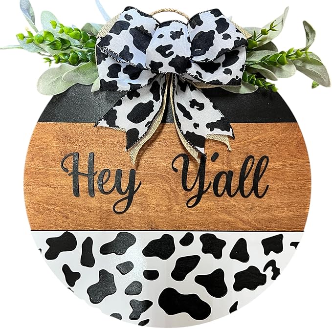 Wood front door sign Wood sign Home decor Welcome sign Sign for front door House warming gift Wedding gift (Hey Yall Cow-DS082(A10) S003, 22" Width)