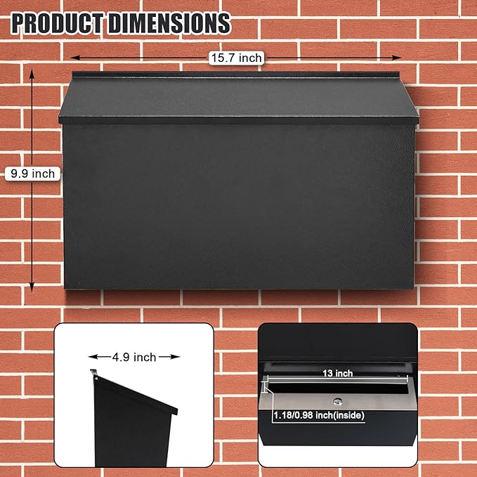 KYODOLED Locking Wall Mount Mailboxes for Outside, Large Capacity Mail Box for House with Key Lock, Security Drop Box, Metal Post Box for Home, Office Decorative,15.7 * 9.9 * 4.9in