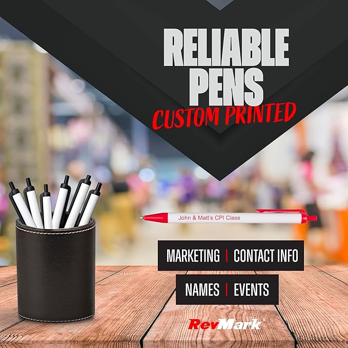 RevMark Personalized Ballpoint Pen, Custom Printed Name, Business or Event Information, Timeless Advertising, USA Made Pens, Promotional Marketing, Smooth Black Ink, Bulk Pack (Red,100 Ct.)