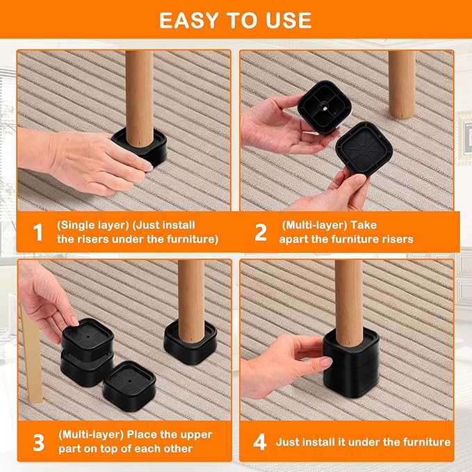 shouwuhho 12 Pack Furniture Risers Adjustable Bed Risers Heavy Duty Lifts Height 1", Square Stackable Bed Risers 1, 2 or 3 Inch for Desk Leg Table Couch Sofa Chair Bed Frame Legs Dorm, Black
