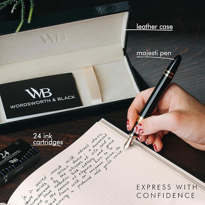 Wordsworth & Black Majesti Fountain Pen-(Black), Luxury Case, 24K Gold Finish; 18K Gilded Fine Nib-Ink Cartridges, Refillable Ink Converter-Calligraphy Pen-Best Business Gift Set for Men & Women