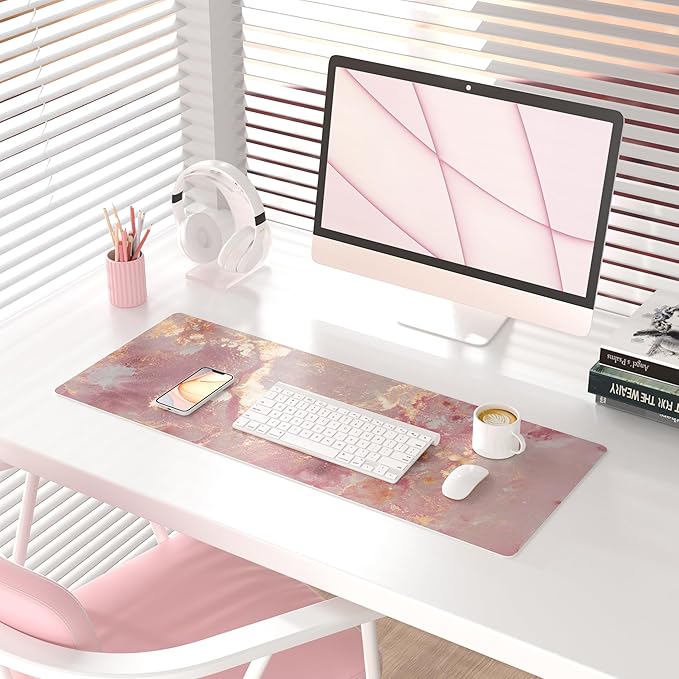 QIYI Large Mouse Pad, Cute Pink Desk Mat for Desktop, Women Girls PU Leather Waterproof Gaming, Rose Gold Marble Computer PC Laptop Protector Writing Pads for School Office Home 31.5" x 11.8"