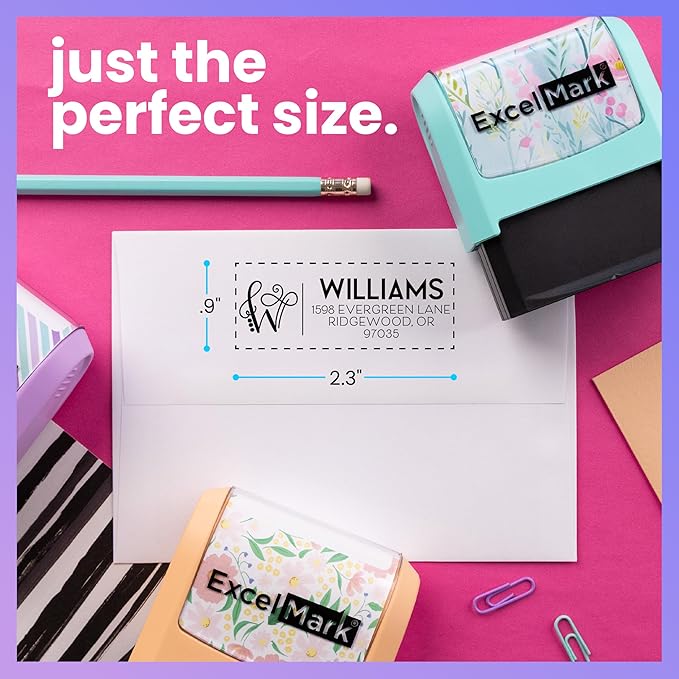 ExcelMark Address Stamp - Custom Return Address Stamp with Elegant Designs, Vibrant Colors & Patterns – Perfect for Mail, Invitations & Gifts (Black Mount, Script Swirl)