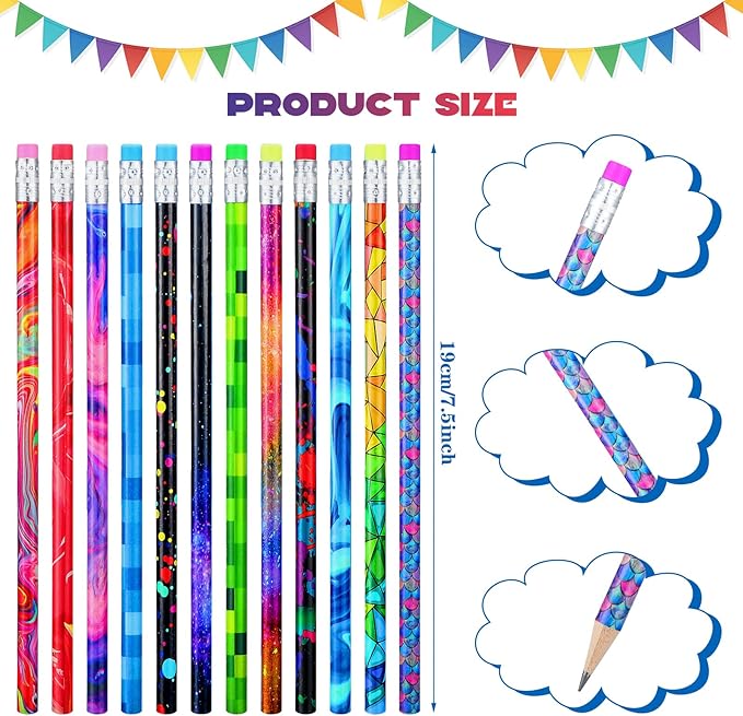 Chinco 100 Pieces Wooden Pencil with Eraser for Kids Assortment Colorful Fun Pencils Bulk with Eraser Kids Novelty Back to School Supplies for Classroom, Student Reward, Stationery Party Favors