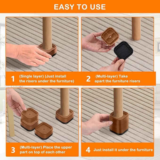 shouwuhho 12 Pack Furniture Risers Adjustable Bed Risers Heavy Duty Lifts Height 1", Square Stackable Bed Risers 1, 2 or 3 Inch for Desk Leg Table Couch Sofa Chair Bed Frame Legs Dorm, Brown