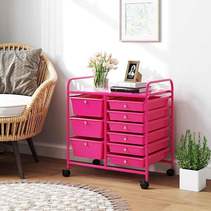 GOFLAME 9-Drawer Rolling Storage Cart, Mobile Utility Cart with Removable Drawers & Metal Frame, Art Craft Organizer Cart with Lockable Wheels, Storage Drawer Cart for Home Office School, Hot Pink