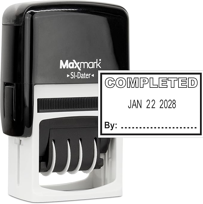 MaxMark Office Self Inking Date Stamp with Phrase Completed - Black Ink