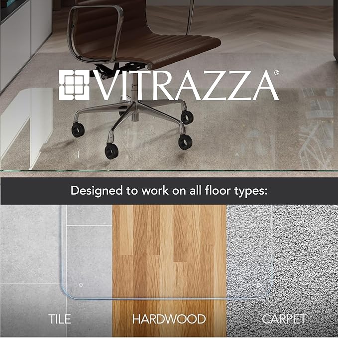 Vitrazza Glass Chair Mat 36” x 42” Superior ¼ Thick, Chiaro Standard Clear, Certified Tempered Safety Glass, Delivers a Smooth Glide, Protects Carpet or Wood, Beautiful in Home or Office.