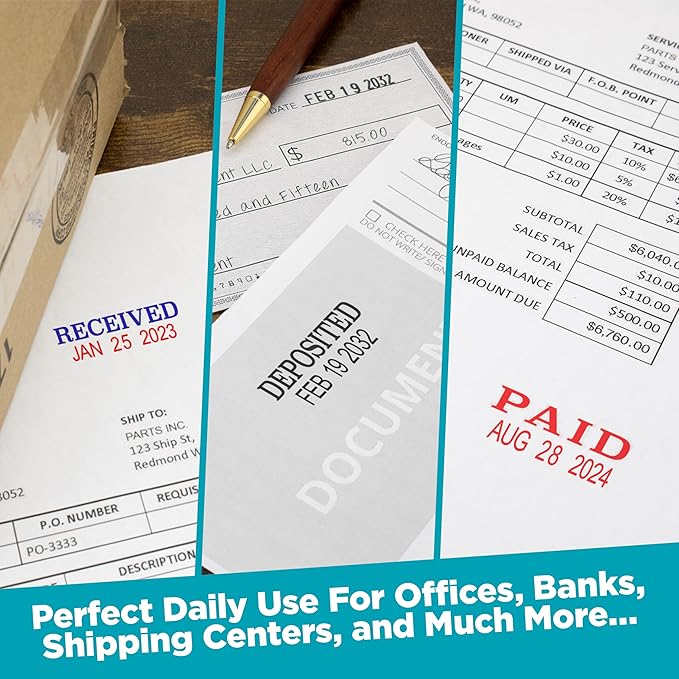 MaxMark Self-Inking Rubber Date Office Stamp with DEPOSITED Phrase & Date - RED Ink (Max Dater II), 12-Year Band