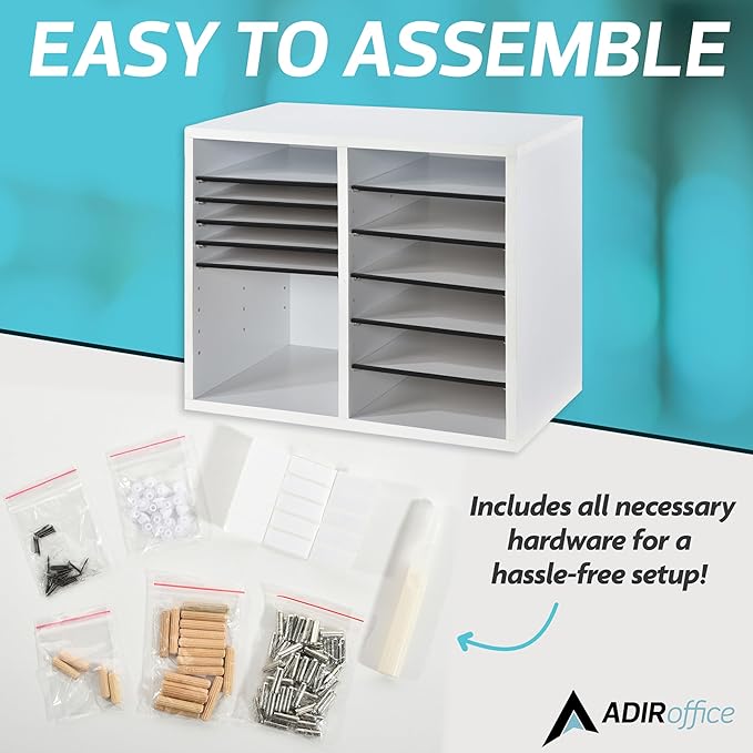 AdirOffice Wooden Adjustable Literature Organizer, 12 Compartment Office Mailbox, or Classroom Literature Organizer, White