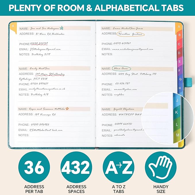 Address Book with Colorful Alphabetical Tabs (8.4" x 5.7") – Hardcover Contact Organizer for Website Passwords, Telephone, Software Licenses, and Important Information – Black