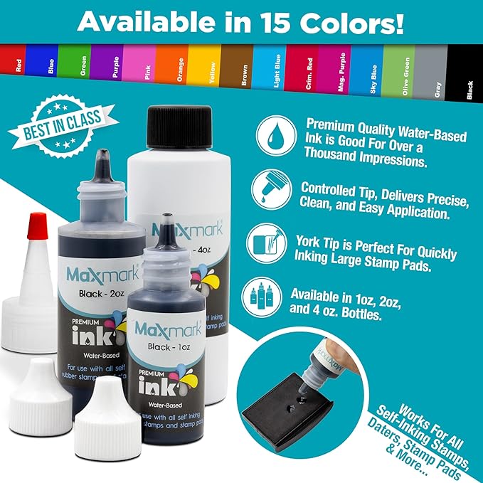 MaxMark Premium Refill Ink with Control Tip Bottle for Self-Inking Stamps, Gray Color - 4 oz.
