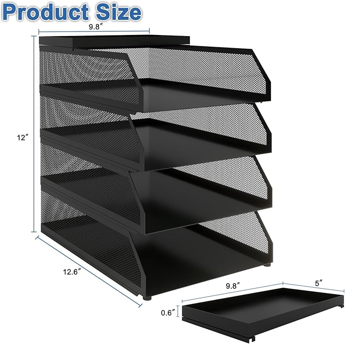 Natwind 4-Tier Desk Organizer,Stackable Paper Tray, Desk Accessories,Metal Mesh Desktop Organizer, Paper Sorter, Letter Trays,File Document Storage Rack for for Home, Office, School (Black)