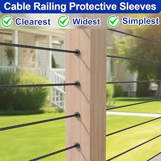 50 Pack Cable Railing Protector Sleeves for 1/8” Deck Railing System, Black Cable Railing Kit Hardware for Wood Post, T316 Stainless Steel Marine Grade DB58