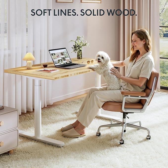 FLEXISPOT Bamboo Electric Standing Desk with Elegant Oval Legs & Curved Desktop, 60"x30" Height Adjustable Desk for Home Office & Living Spaces, White Frame