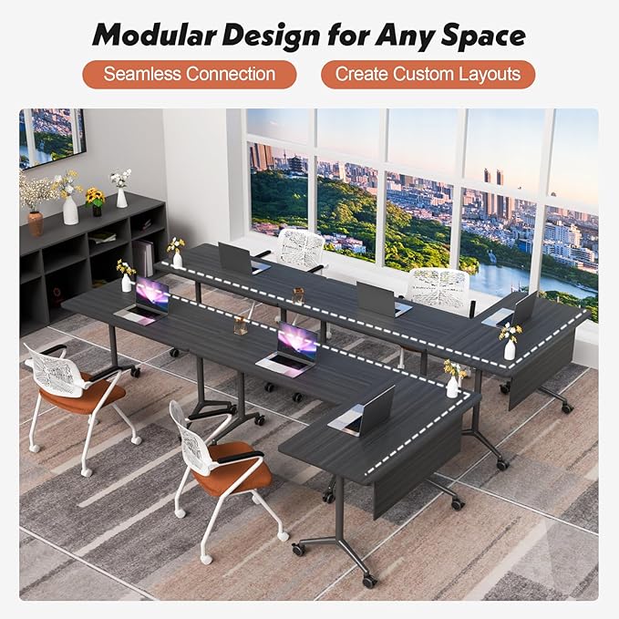 Goakwwuz Conference Room Table, Folding Conference Tables,Thicken Grey Tabletop,Flip Top Wooden Seminar Meeting Room Table for Conference Room Offices (10, BlackWoodGrain, 61.0“)