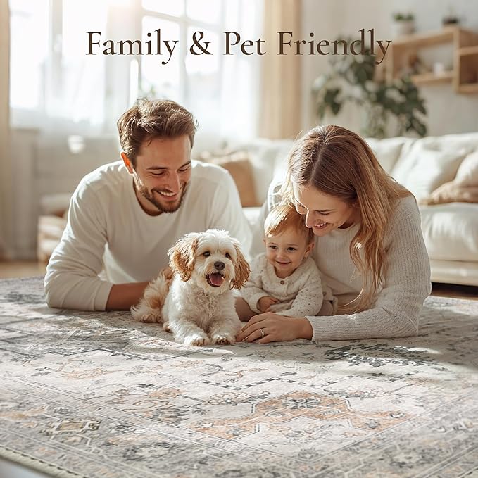 GENIMO 7x9 Area Rugs for Living Room, Non Slip Machine Washable Vintage Rugs, Low Pile Lightweight Chenille Print Large Rug for Bedroom, Dining Room, Home Office, Light Taupe Brown