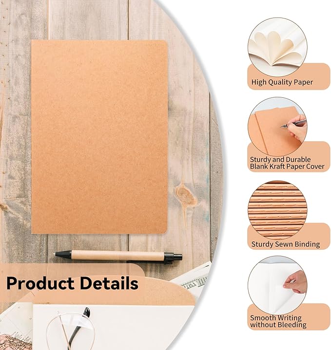 12 Pack Blank Kraft Notebooks, 8.3x5.5 Inches A5 Small Journals Bulk Blank Notebooks 80 Gsm Unlined with 60 Pages A5 Subject Notebooks Traveler Journal Set for Adult Students Back to School Supplies