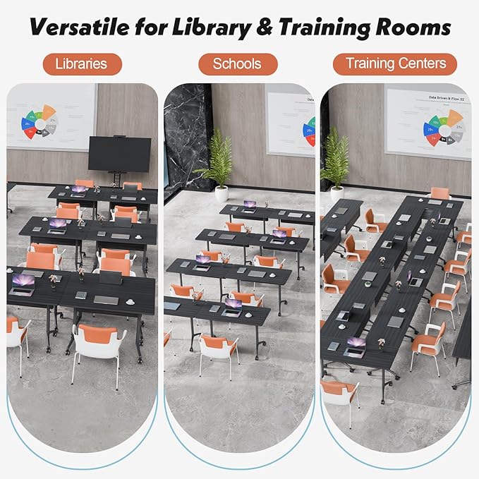 Goakwwuz Conference Room Table, Folding Conference Tables,Thicken Grey Tabletop,Flip Top Wooden Seminar Meeting Room Table for Conference Room Offices (2, BlackWoodGrain, 61.0“)