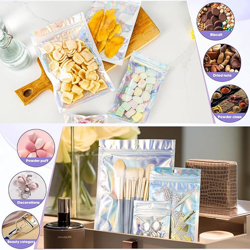 100pcs Holographic Bags,5.5x7.8 inch Resealable Zipper bags for small business, Smell Proof Foil Bags for food storage, Candy, Eyebrow pencil, Small accessories..MOTOMY