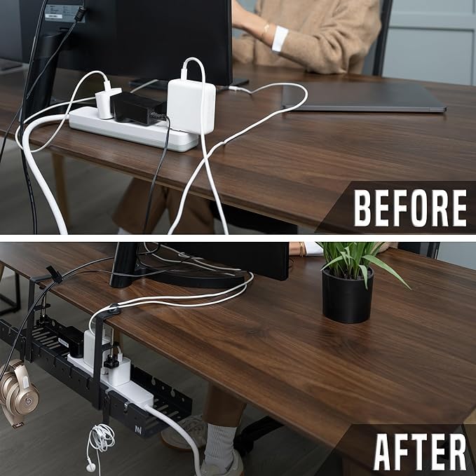 No Drill Under Desk Cable Management Tray - Extendable 16" to 31" Sturdy Steel Desk Cord Hider Raceway - Under Desk Cable Tray Holder with 38 Wire & Cable Rack Organizer Accessories - Black