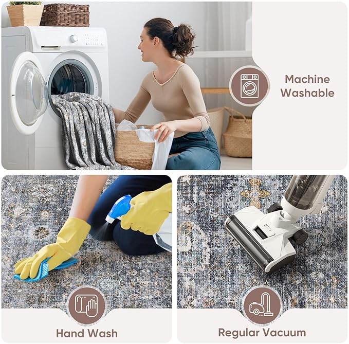 Rugcomf 2x5 Rug Runner -Vintage Machine Washable Kitchen Rug, Non-Slip Low Pile Boho Carpet for Hallways, Laundry, Entryway, Bedroom, Bathroom - Grey