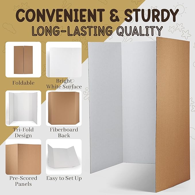 White Trifold Presentation Board 36" x 48" (Pack of 2) Self-Adhesive Science Subtitles Included - Display Exhibition Board Lightweight and Portable with Smooth Surface - By Emraw