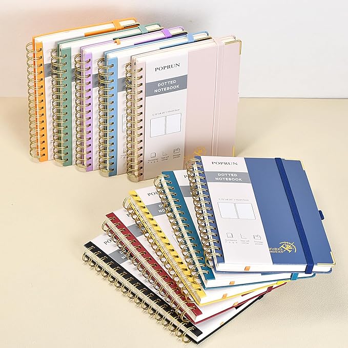 POPRUN Spiral Dotted Journal Notebook, [A5-5.75'' x 8.25''] - 120 GSM Thick Paper, 141 Numbered Pages, Hardcover for Men & Women with Pocket, Index Tabs, 8 Perforated Sheets, Royal Blue