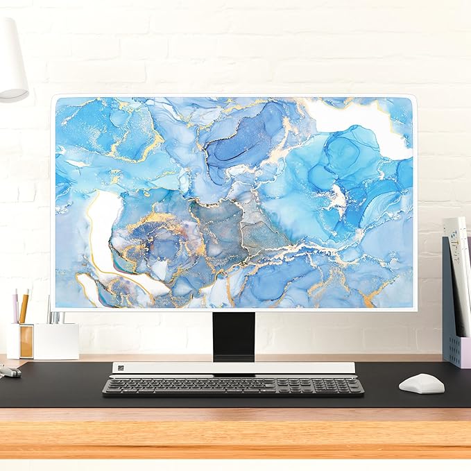 Baocicco Baby Blue Gold Marble Waterproof Screen TV Cover 32 Inch Modern Television Accessories Laptop TV LCD Fashion Weatherproof Screen TV Decorations for Tablet LED LCD OLED TVs