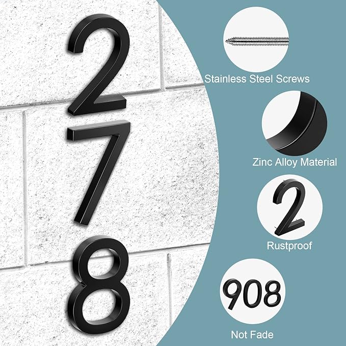6" Floating Stainless Steel Address House Number, Modern Metal Anti-Rust House Numbers with Nail Kits for Door Garden Mailbox Decor Visibility Signage (2)