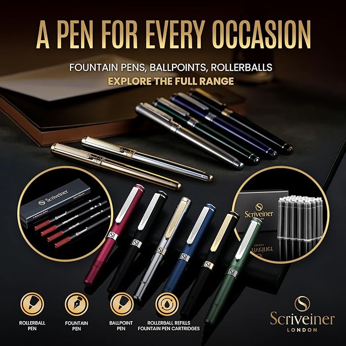 Scriveiner Silver Chrome Fountain Pen (Fine), Award Winning, Heavy Pocket Stunning Luxury Pen, Real Gold Plating and Genuine Schmidt Nib, Includes Converter, Fancy EDC Writing Gift Set for Men & Women