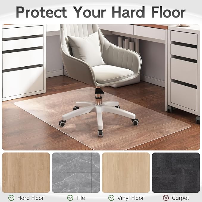 HOMEK Office Chair Mat for Hardwood Floor, 60" x 36" Clear Computer/Desk Chair Mat for Hard Floor, Thicker, Easy Glide, Non-Slip, Protects Hard Surfaces from Scratches, Ideal for Home or Office