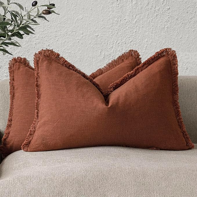 Foindtower Set of 2 Decorative Linen Fringe Throw Pillow Covers Farmhouse Cushion Cover with Tassels Lumbar Accent Pillowcase for Couch Bed Living Room Home Bedroom Decor, 12×24 Inch, Fall Rust Orange