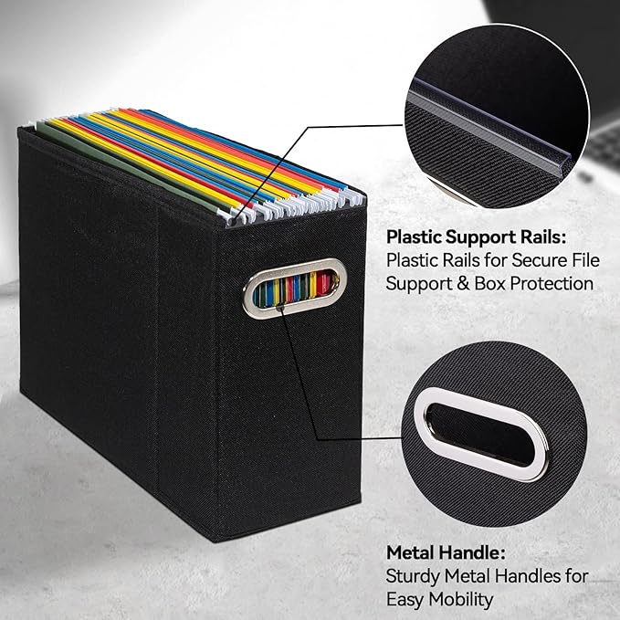 ComfortKeeper 6 Packs Letter Size File Organizer, File Folders Organizer, Fabric Storage Box, Collapsible Paper Organizer with Metal Handle, Smooth PVC Rails, Only Box (Black)