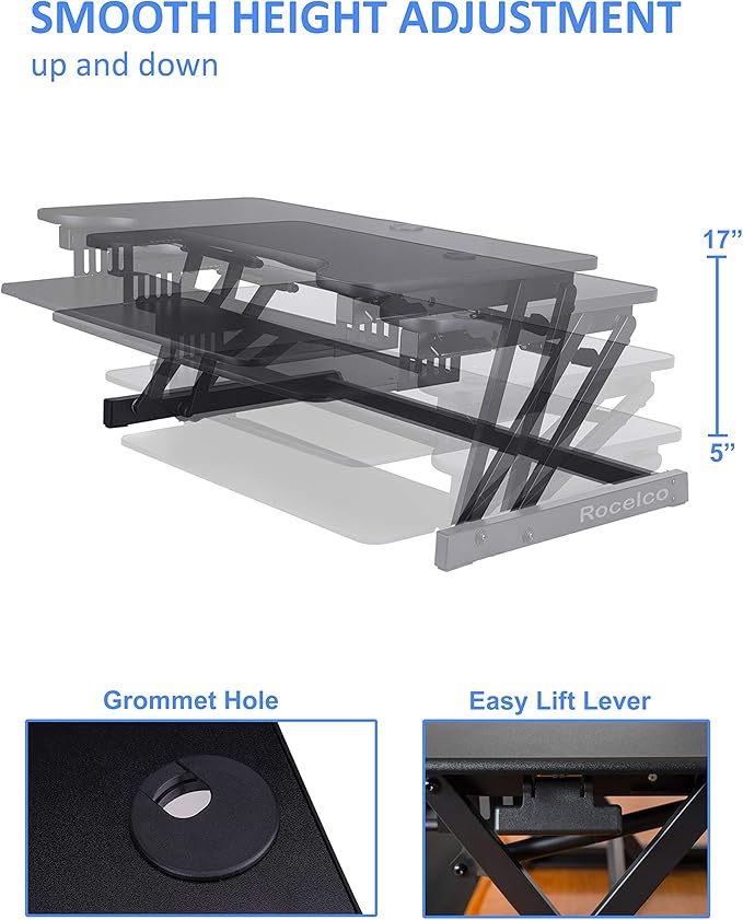 Rocelco 37.5" Deluxe Height Adjustable Standing Desk Converter - Quick Sit Stand Up Dual Monitor Riser - Gas Spring Assist Computer Workstation - Large Retractable Keyboard Tray - Black (R DADRB)