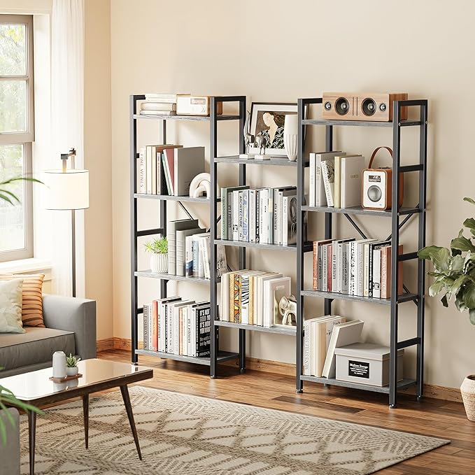 SUPERJARE Triple 4 Tier Bookshelf, Bookcase with 11 Open Display Shelves, Wide Book Shelf Book Case for Home & Office, Grey