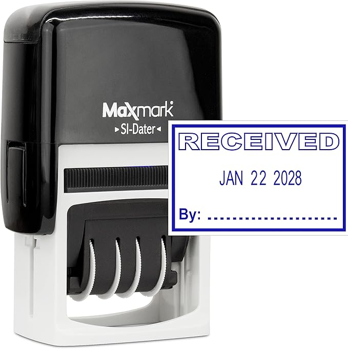 MaxMark Office Self Inking Date Stamp with Phrase Received - Blue Ink