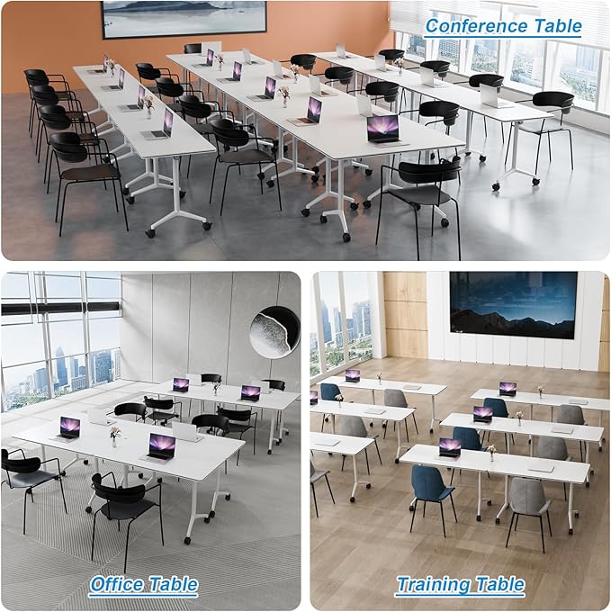 Conference Table Flip Top Mobile Conference Room Tables,Folding Conference Table with Wheels,Large Meeting Training Seminar Table Saving Space for Office Classroom (4, White, 61'')