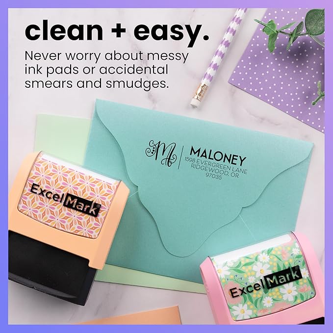 ExcelMark Address Stamp - Custom Return Address Stamp with Elegant Designs, Vibrant Colors & Patterns – Perfect for Mail, Invitations & Gifts (Violet Mount, Script Swirl)