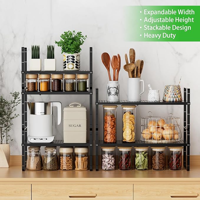 SOFRON Expandable Cabinet Storage Shelf Stackable Organizer Rack for Kitchen Bathroom Pantry Spice Cupboard Coffee Countertop Home Office Desk Heavy Duty Nonslip Black Small 3 Packs