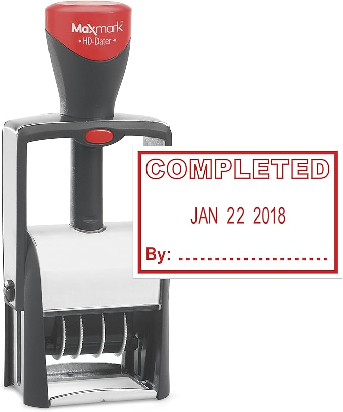 MaxMark Heavy Duty Self Inking Date Stamp with Phrase Completed - Red Ink