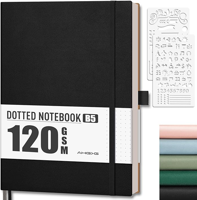 AHGXG Bullet Dotted Journal - Dot Grid Notebook Journal, 120 GSM Thick Acid-Free Paper, Large B5 Dotted Notebook 96 Pages, Leather Softcover, Inner Pocket, Journal Stencil, 7.6'' X 10'' - Black